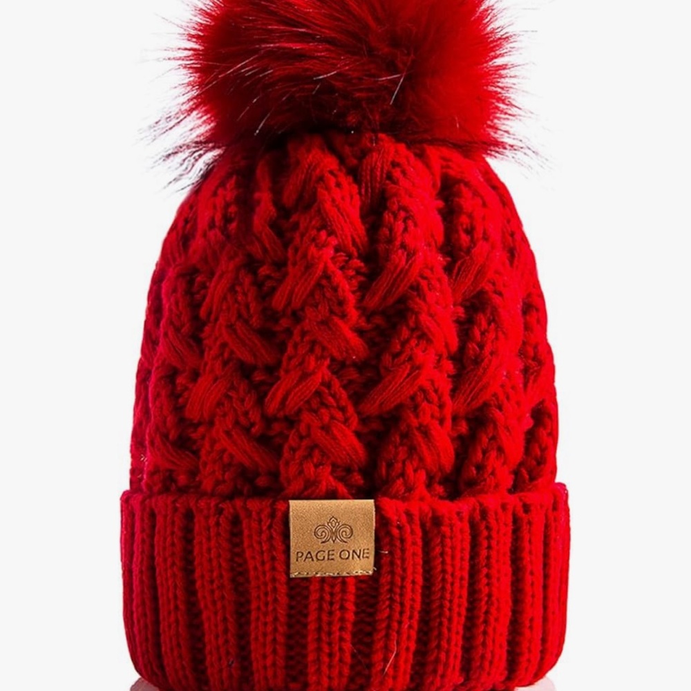 NWT: Page One Red Knit Pom-Pom Beanie with Sherpa lining